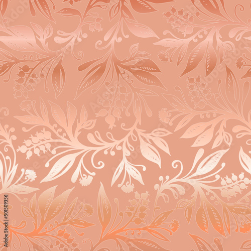 Floral seamless pattern with leaves and berries in coral colors with metallic tint. Design for wallpapers  wrappings  textiles  fabrics.