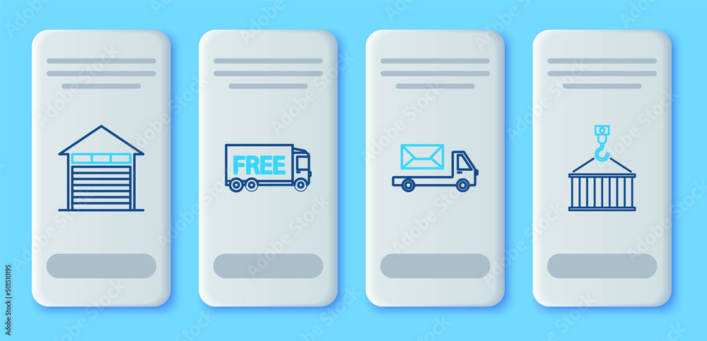 Set line Free delivery service, Post truck, Closed warehouse and Container on crane icon. Vector