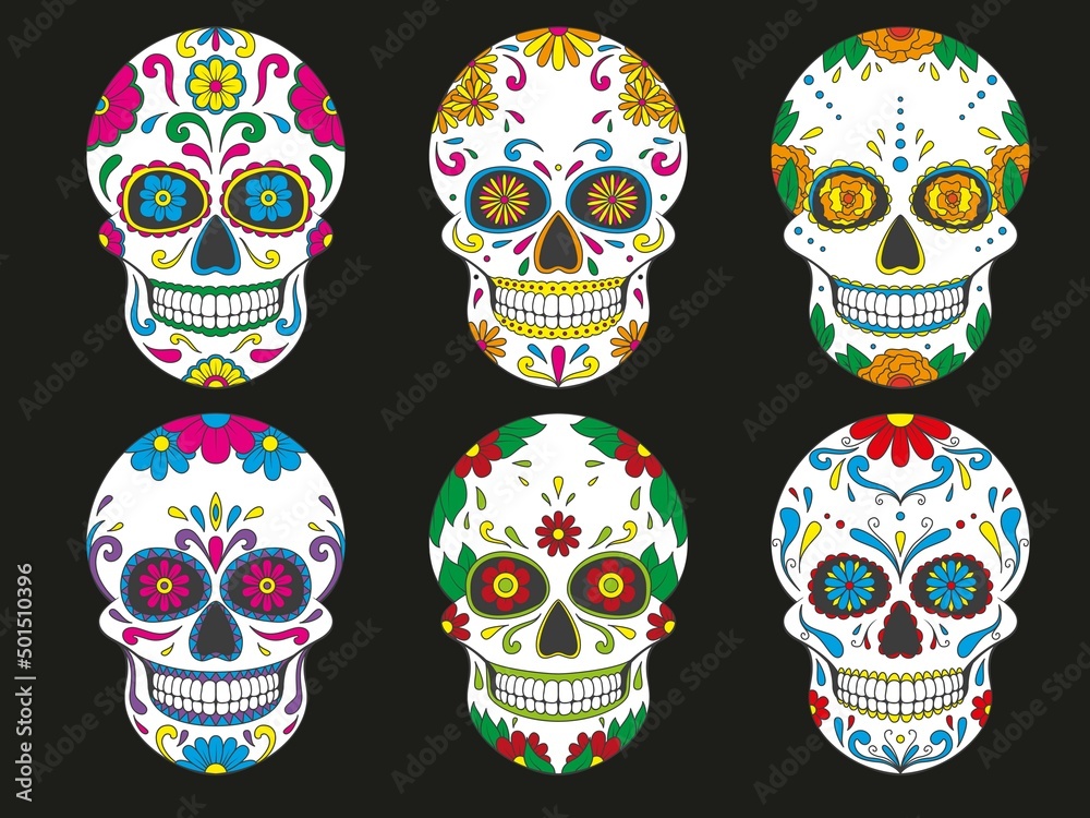 Collection of Day of The Dead sugar Skulls with floral ornament. Mexican skull. Vector illustration isolated on dark background Collection of Day of The Dead sugar Skulls with floral ornament. Mexican skull. Vector illustration isolated on dark background