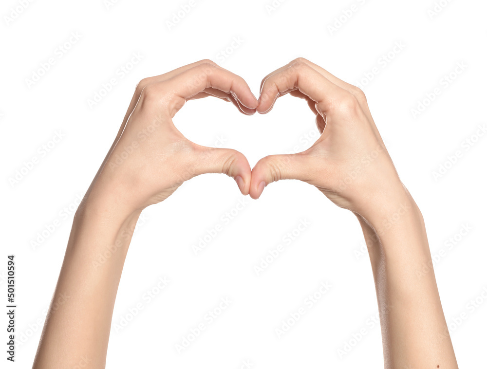 Woman showing heart on white background, closeup of hands Woman showing heart on white background, closeup of hands