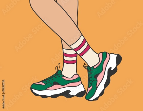 Women's legs in sneakers. Style, street fashion. Hand-drawn cartoon. Template for sales, poster, placard.