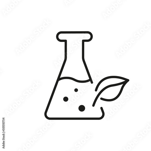 Glass Flask with Leaf Plant Line Icon. Science Chemistry Natural Research Experiment Linear Logo. Nature Bio Laboratory Sign. Paraben Free Symbol. Editable Stroke. Isolated Vector Illustration