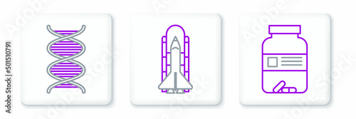 Set line Medicine bottle and pills, DNA symbol and Space shuttle rockets icon. Vector