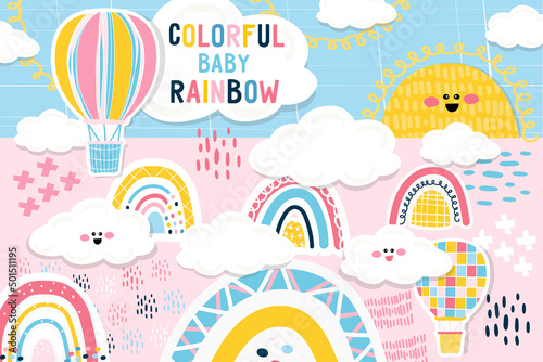 Rainbow and clouds set elements for design. Scandinavian kids style. Vector illustration, hand drawn