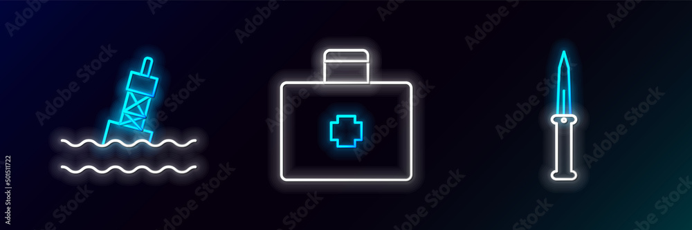Obraz premium Set line Army knife, Floating buoy on the sea and First aid kit icon. Glowing neon. Vector