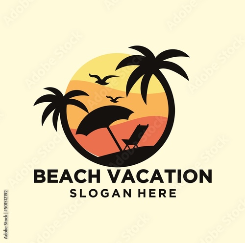 Vector illustration of summer vacation on the beach logo family vacation on the beach logo surfing