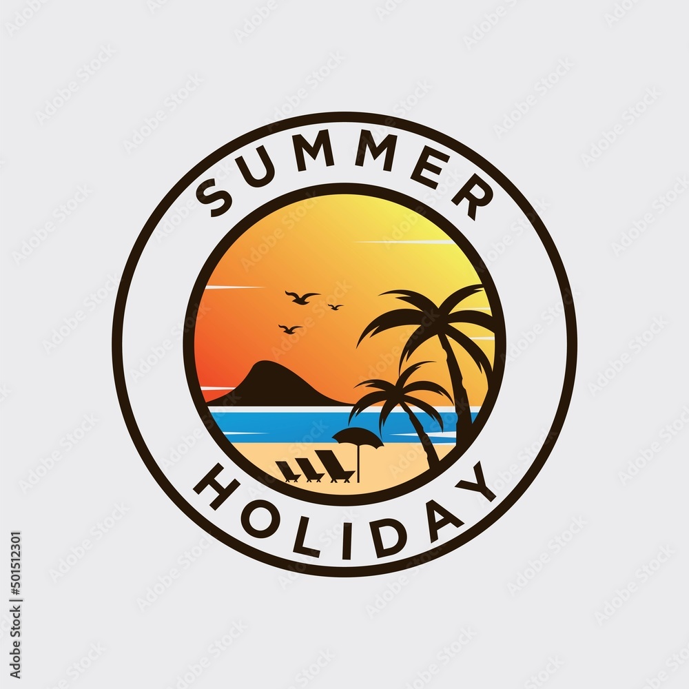 Vector illustration of summer vacation on the beach logo family vacation on the beach logo surfing