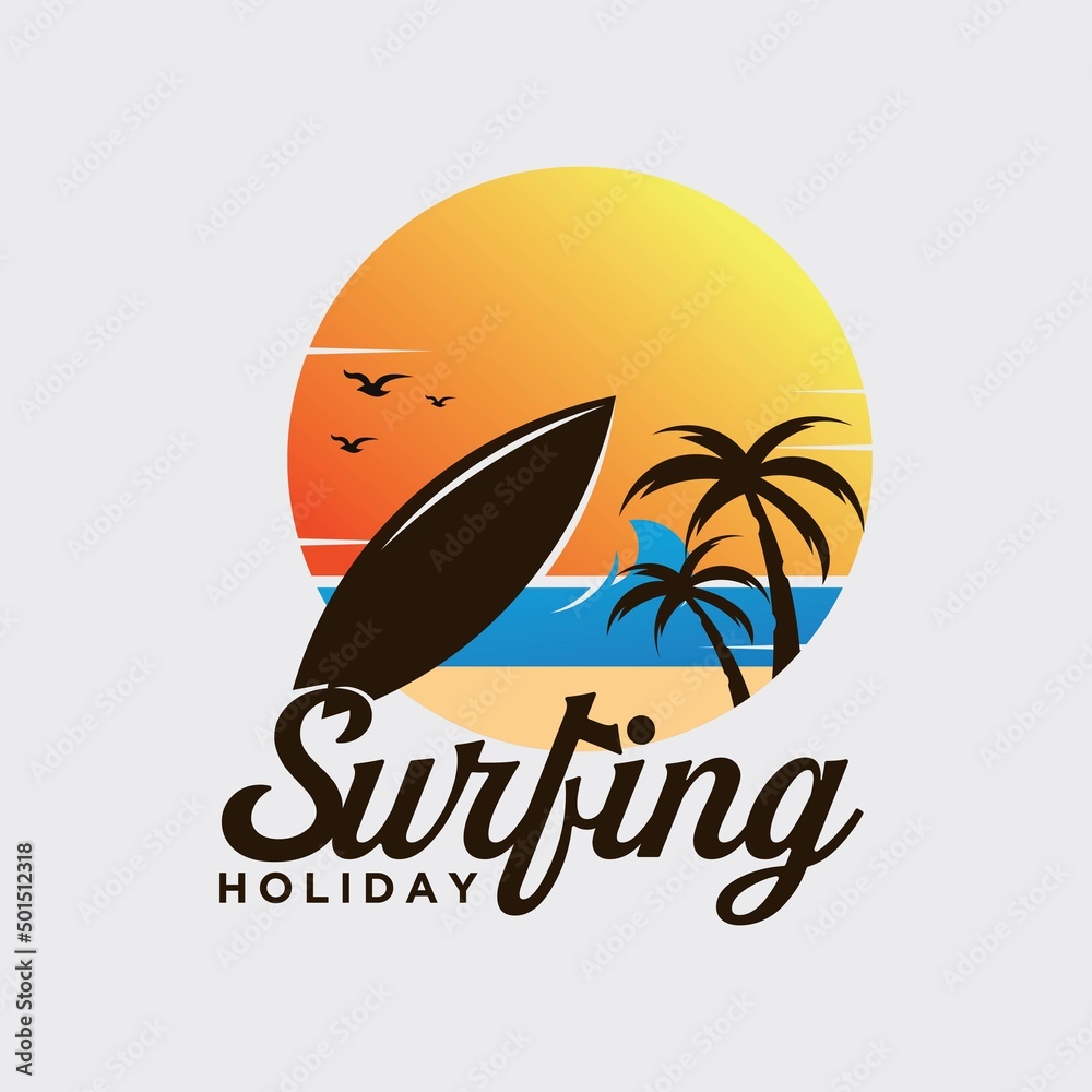 Vector illustration of summer vacation on the beach logo family vacation on the beach logo surfing Vector illustration of summer vacation on the beach logo family vacation on the beach logo surfing
