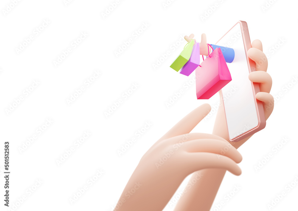 Online shopping with mobile phone isolated on white background 3D render