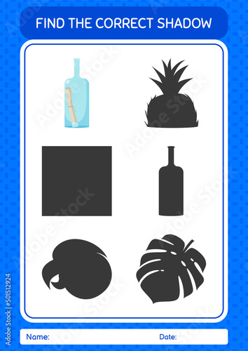 Find the correct shadows game with message bottle. worksheet for preschool kids, kids activity sheet