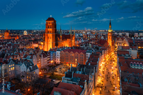 Aerial view of the beautiful main city in Gdansk at dusk, Poland