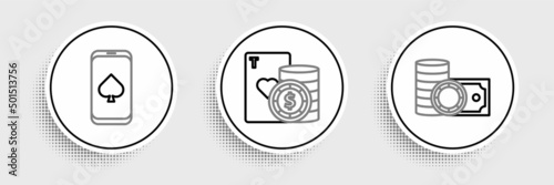 Set line Casino chips and stacks money cash, Online poker table game and playing cards icon. Vector