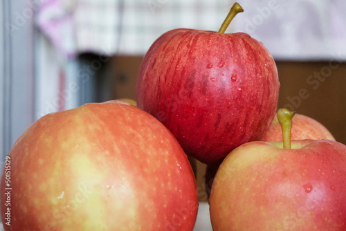 A few ripe striped apples, a close-up shot. Apples of the gala and Ligol varieties. photo