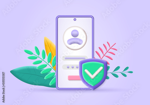 Phone login, password 3d icon with security shield. Smartphone account protection for privacy and security. Sign in, registration, verification concept. Vector illustration.