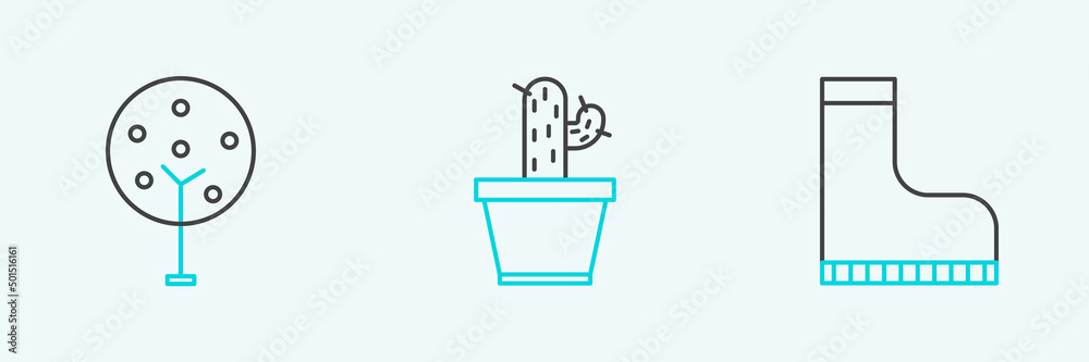 Set line Waterproof rubber boot, Tree and Cactus and succulent in pot icon. Vector Set line Waterproof rubber boot, Tree and Cactus and succulent in pot icon. Vector