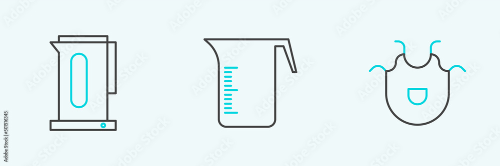 Set line Kitchen apron, Kettle with handle and Measuring cup icon. Vector Set line Kitchen apron, Kettle with handle and Measuring cup icon. Vector