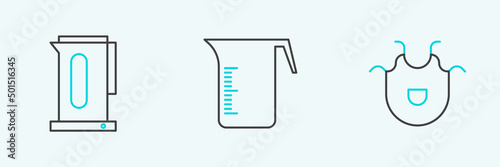 Set line Kitchen apron, Kettle with handle and Measuring cup icon. Vector