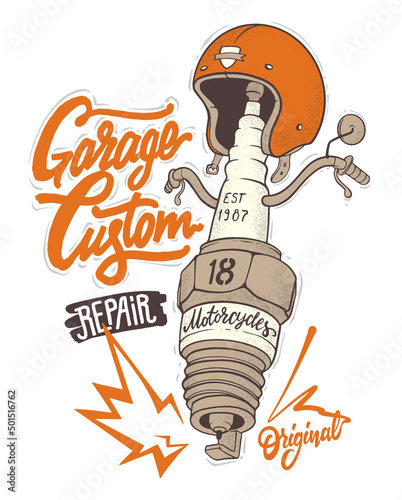 Motorcycle spark plug in vintage style for t-shirt 
