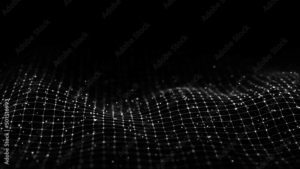 Abstract technology wave of particles. Big data visualization. Background with motion dots and lines. Artificial intelligence. Abstract technology wave of particles. Big data visualization. Background with motion dots and lines. Artificial intelligence.