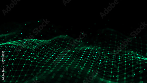 Abstract technology wave of particles. Big data visualization. Background with motion dots and lines. Artificial intelligence. © Flow 37