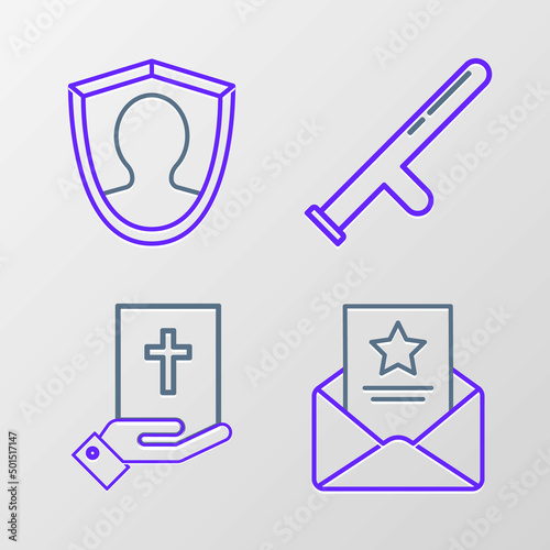 Set line The arrest warrant, Oath on the Holy Bible, Police rubber baton and User protection icon. Vector