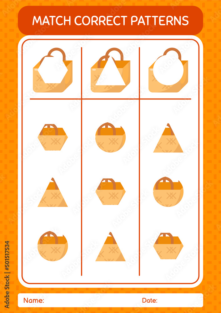 Match pattern game with basket bag. worksheet for preschool kids, kids activity sheet