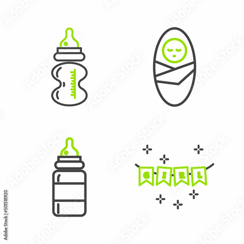 Set line Carnival garland with flags, Baby bottle, Newborn baby infant swaddled and icon. Vector