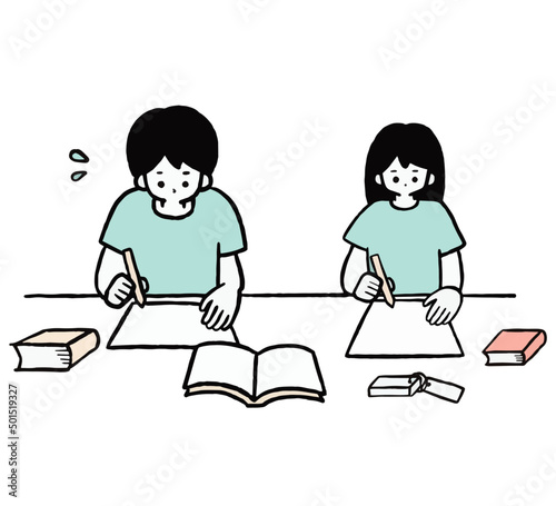  夏休みの宿題をする中学生のイラスト