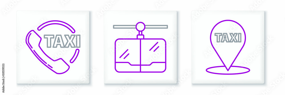 Set line Map pointer with taxi, Taxi call telephone service and Cable car icon. Vector Set line Map pointer with taxi, Taxi call telephone service and Cable car icon. Vector