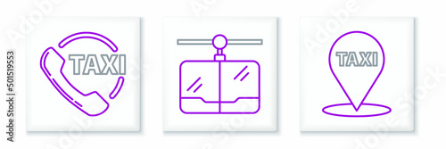 Set line Map pointer with taxi, Taxi call telephone service and Cable car icon. Vector