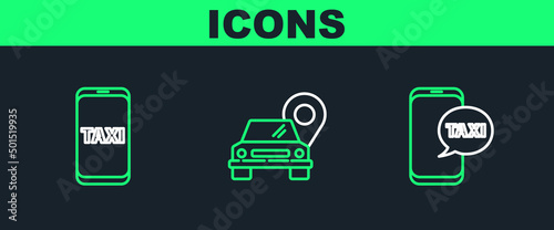 Set line Taxi call telephone service, and Map pointer with taxi icon. Vector