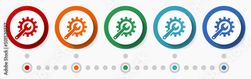 Service, tools concept vector icon set, infographic template, flat design colorful web buttons in 5 color options