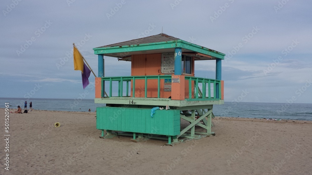 A view of the South Beach shore in Miami, Florida USA. South Beach is a popular tourist destination. Here is a life guard tower on the beach. 