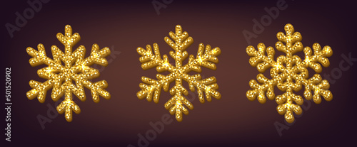 Set of glitter snowflake. Snowflake Christmas Decoration. Golden glittering Christmas decoration.
