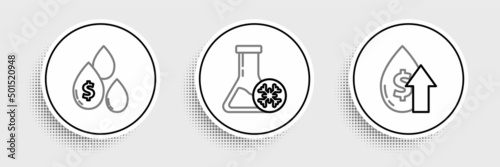 Set line Oil price increase, drop with dollar symbol and Antifreeze test tube icon. Vector