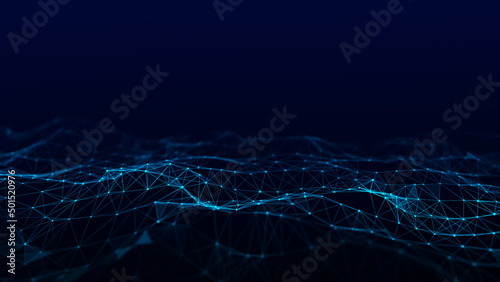 Futuristic digital wave. Dark cyberspace. Abstract wave with dots and line. White moving particles on background. 3d rendering.