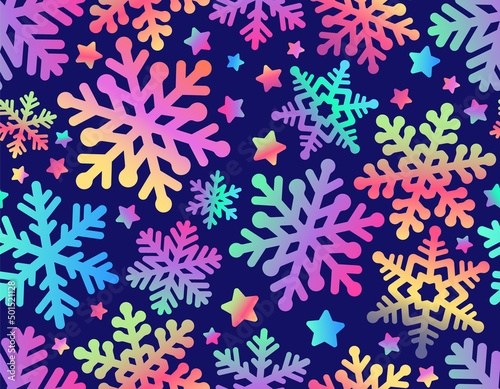 Christmas seamless pattern with snowflakes. Rainbow snowflakes on a blue background. Winter background.