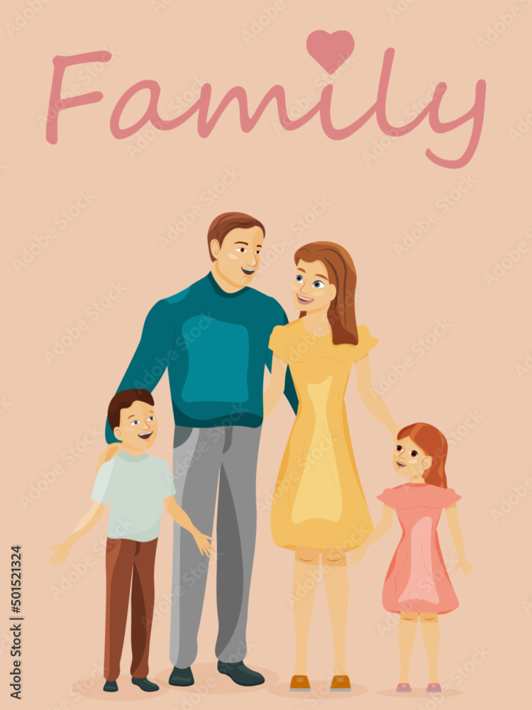 Vector Family: mom, Dad, daughter and son. International holiday Family Day, Children's Day, Parents' Day. Text Family. Banner for the post, stories. Vector Family: mom, Dad, daughter and son. International holiday Family Day, Children's Day, Parents' Day. Text Family. Banner for the post, stories.