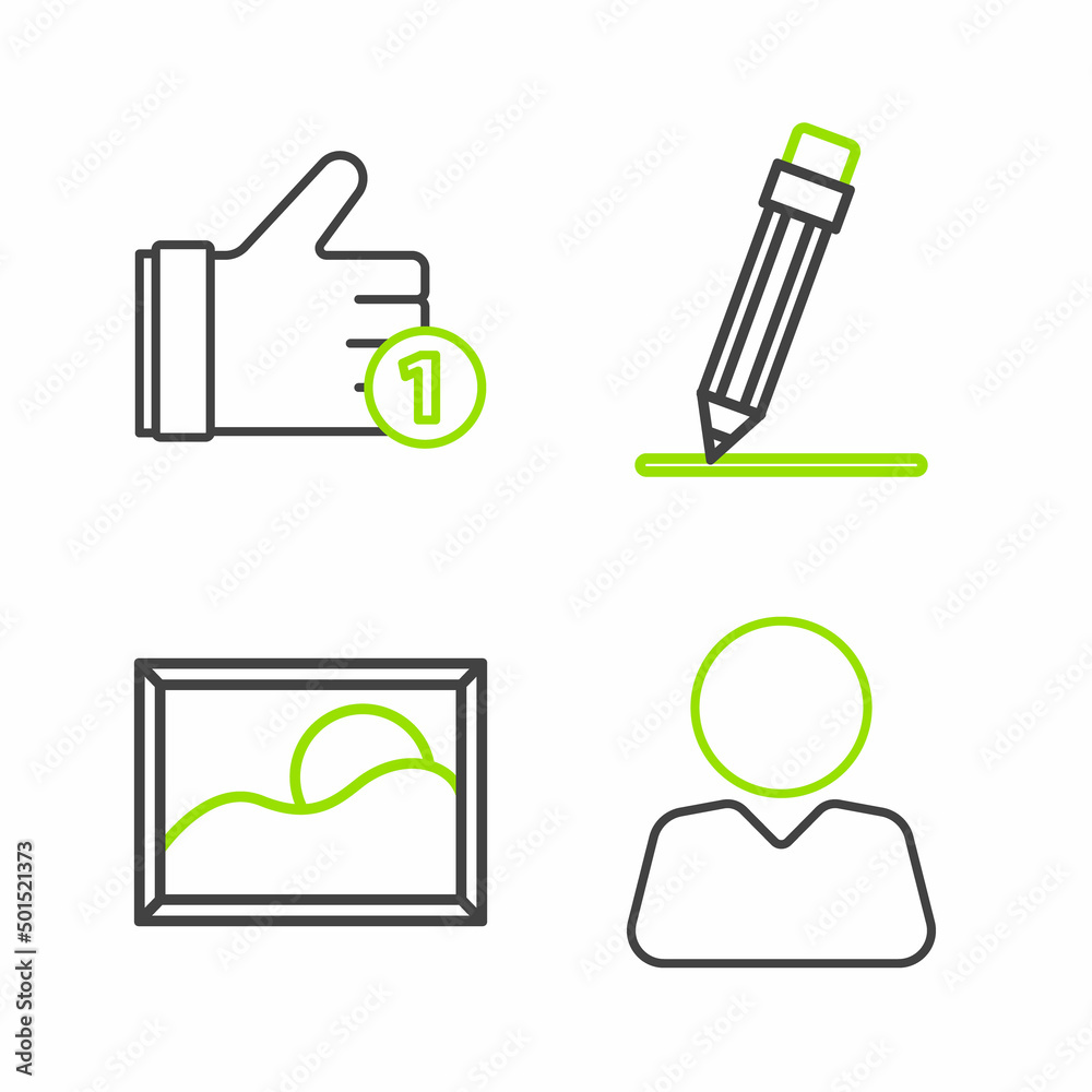 Set line Add to friend, Picture landscape, Pencil with eraser and Hand like icon. Vector