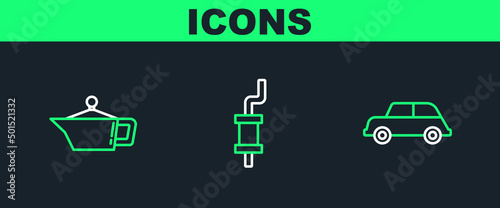 Set line Car, Canister for motor machine oil and muffler icon. Vector
