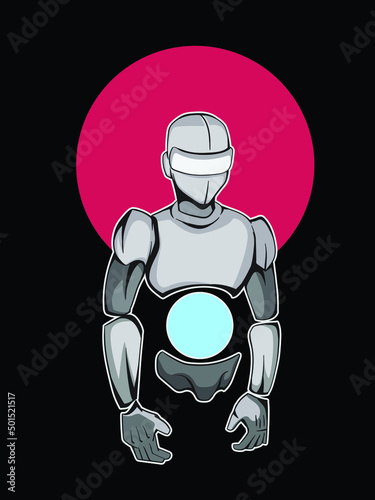 Half body humanoid like robot with red dot behind in vintage cartoon style vector illustration isolated on black