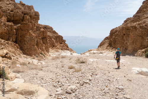 View from a mountain near the Tamarim stream on the Israeli side of the Dead Sea and the mountains on the Jordan side near Jerusalem in Israel