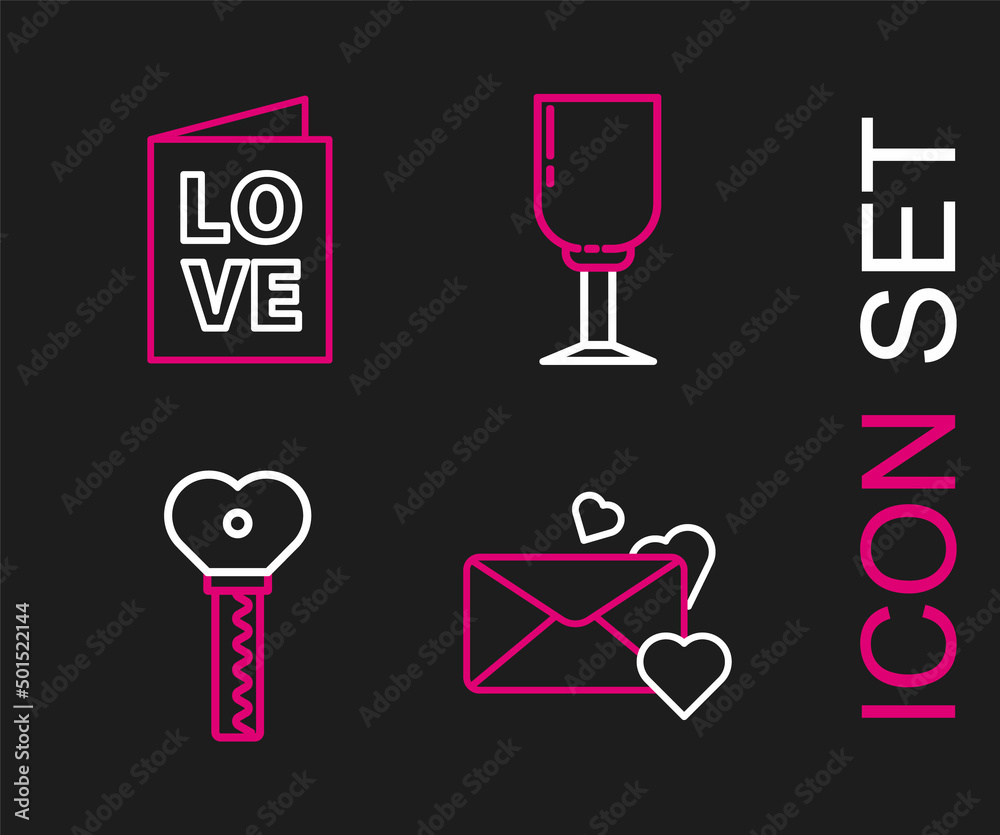 Set line Envelope with heart, Key in shape, Wine glass and Valentines day party flyer icon. Vector Set line Envelope with heart, Key in shape, Wine glass and Valentines day party flyer icon. Vector