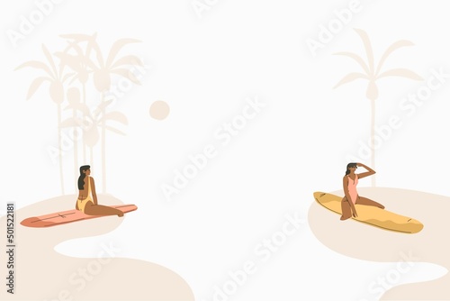 Hand drawn vector abstract stock graphic summer time cartoon,minimalistic style illustrations print with bohemian beautiful girl surfing and relax on the sunset beach,isolated,contemporary style.