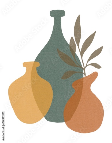 Hand Drawing Abstract Composition with Vases and Plant. Earthy pastel shades with Transparent effect and Textures. Use for poster, card, home decor, design, print, textile, fabric, shop, backdrop