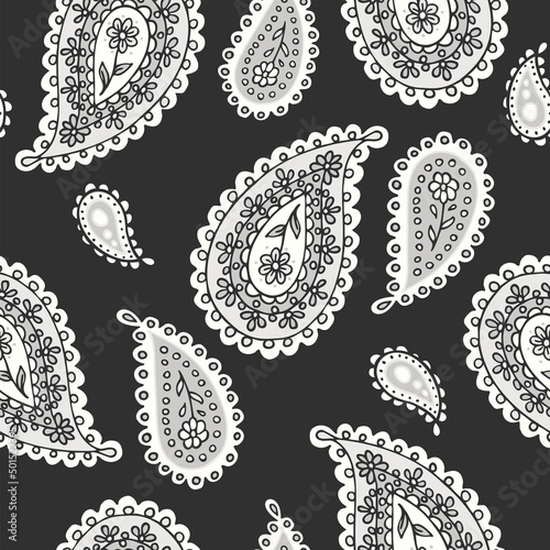 Traditional Indian boteh ornamental textile design. Black and white monochrome paisley print. Abstract psychedelic Buta seamless pattern . Hand drawn vector background.
