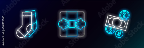 Set line Money cash and coin, Socks and Gift box icon. Glowing neon. Vector