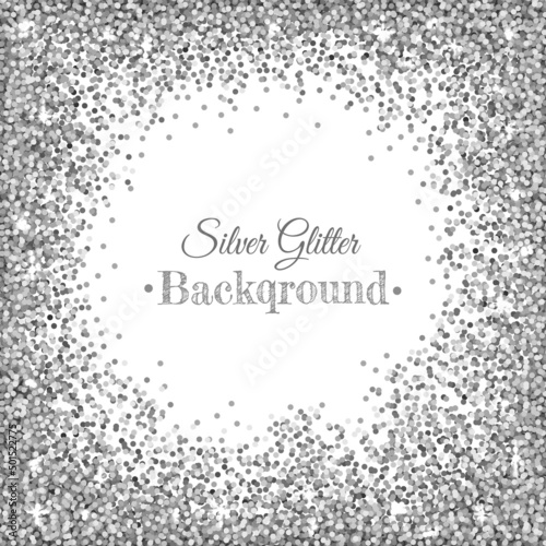Silver glitter. Square background. Shiny sparkling frame on a white background. Template for holiday designs.