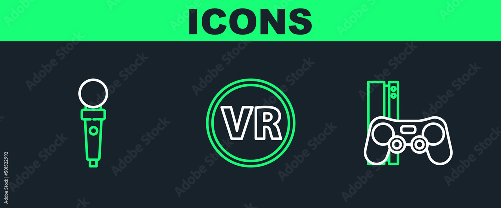 Set line Game console with joystick, Joystick for arcade machine and Virtual reality glasses icon. Vector Set line Game console with joystick, Joystick for arcade machine and Virtual reality glasses icon. Vector