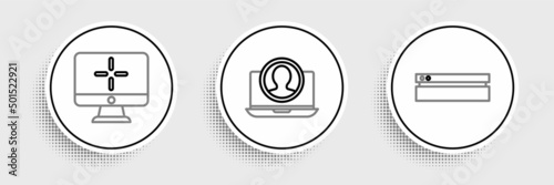Set line Video game console, Computer monitor and Create account screen icon. Vector